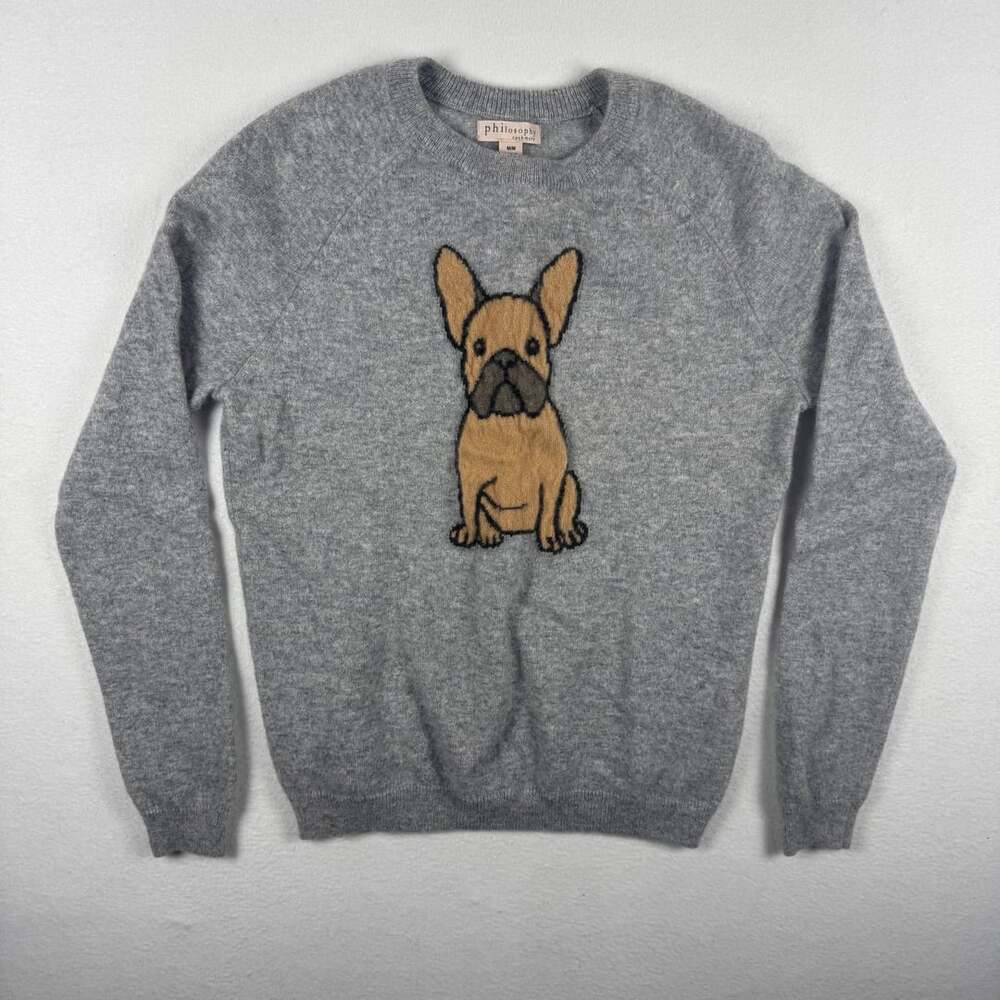 Philosophy Cashmere French Bulldog Sweater Size M/M Gray Crewneck